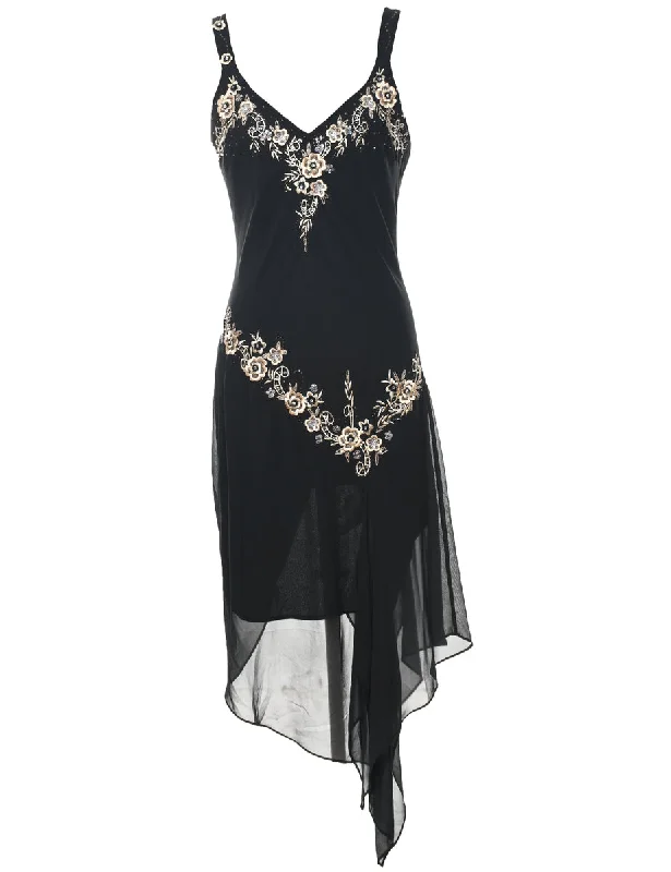 Embroidered Black Y2K Evening Dress - L