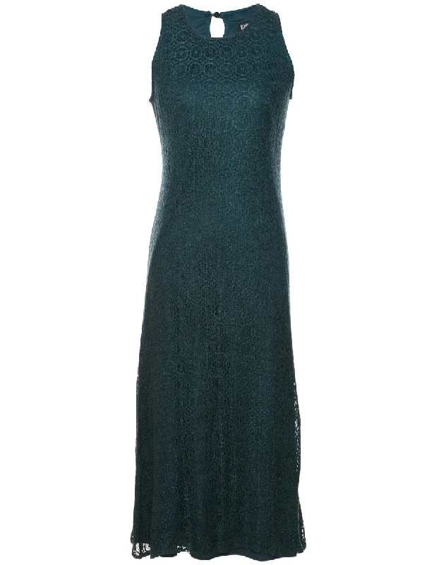 Dark Green Sleeveless Lace Evening Dress - M