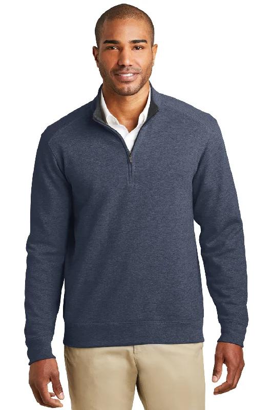 Port Authority Mens 1/4 Zip Long Sleeve Sweater - Heather Estate Blue