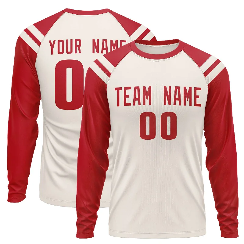 Custom Cream Red-White Crew Neck Personalized Raglan Long Sleeve Performance T-Shirt