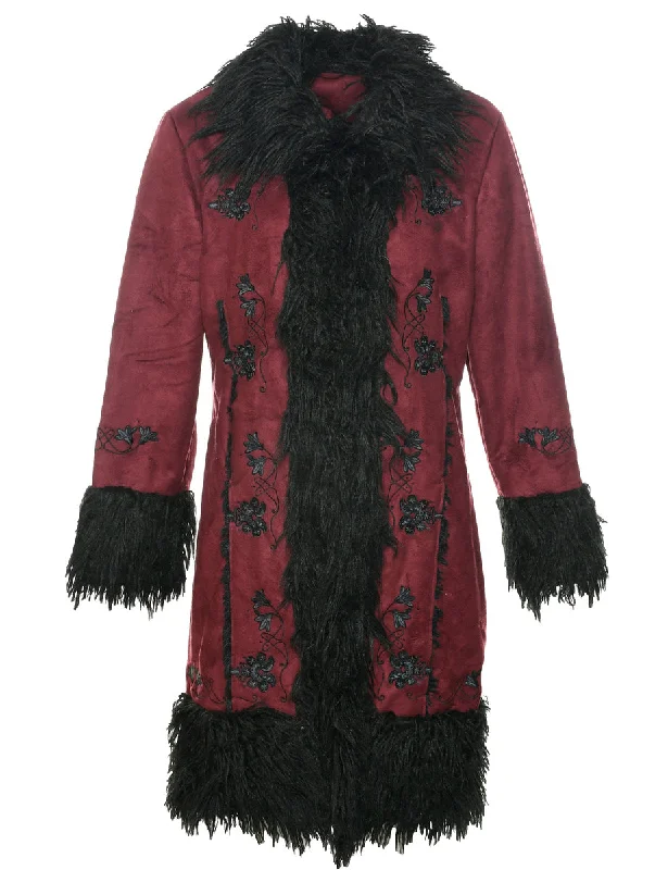 Embroidered Faux Suede Y2K Coat - M