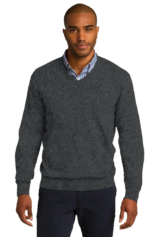 Port Authority Mens Long Sleeve V-Neck Sweater - Heather Charcoal Grey - Closeout