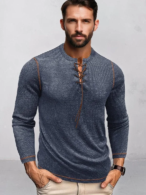 Ribbed Contrast Drawstring Henley Shirt