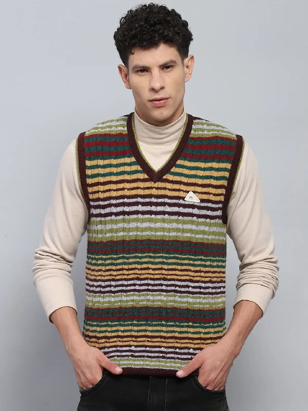 Men Multicolor Stripe V Neck Sleeveless Sweater