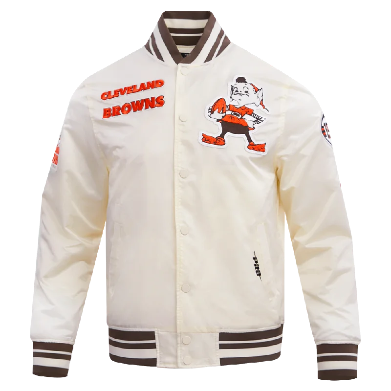 NFL CLEVELAND BROWNS RETRO CLASSIC MEN'S RIB SATIN JACKET (EGGSHELL/ BROWN)