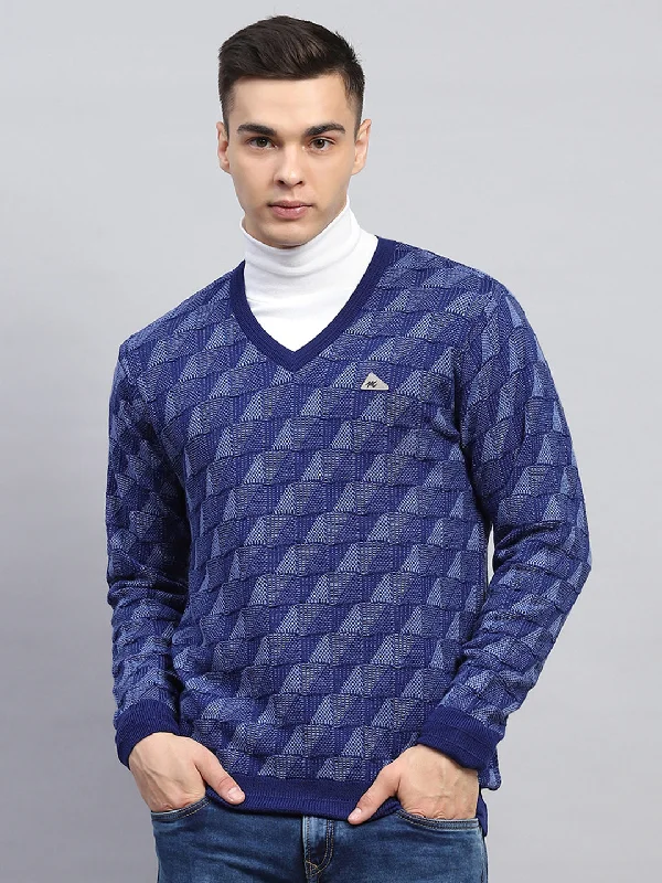 Men Blue Self Design V Neck Full Sleeve Pullover