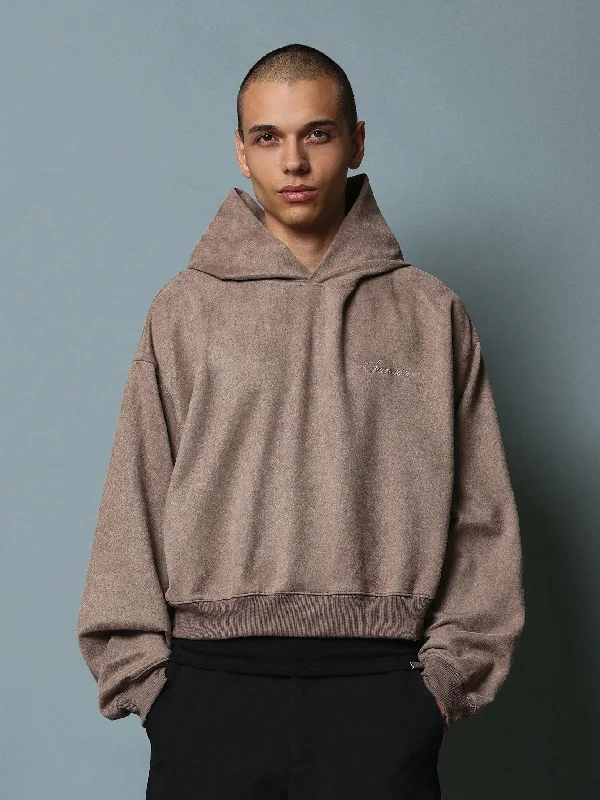 Crop Fit Suedette Overhead Hoodie With Embroidery