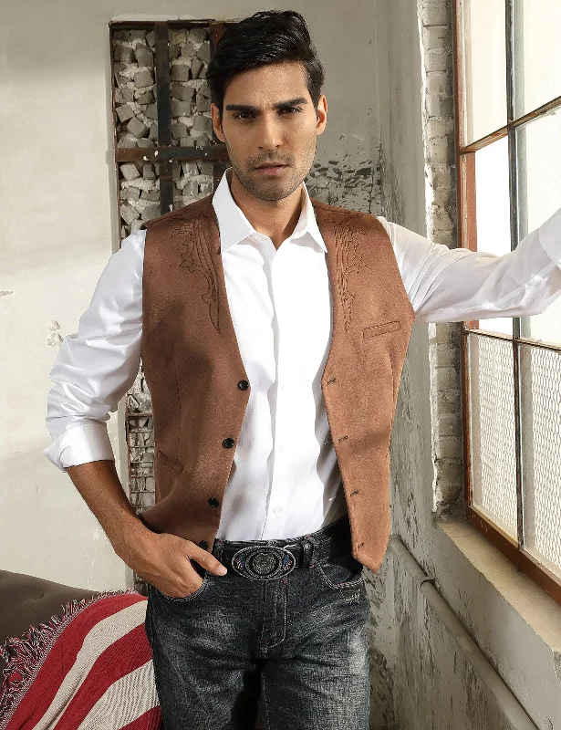 Men's Suede Leather Suit Vest Embroidery Casual Slim Fit Western Vest Waistcoat