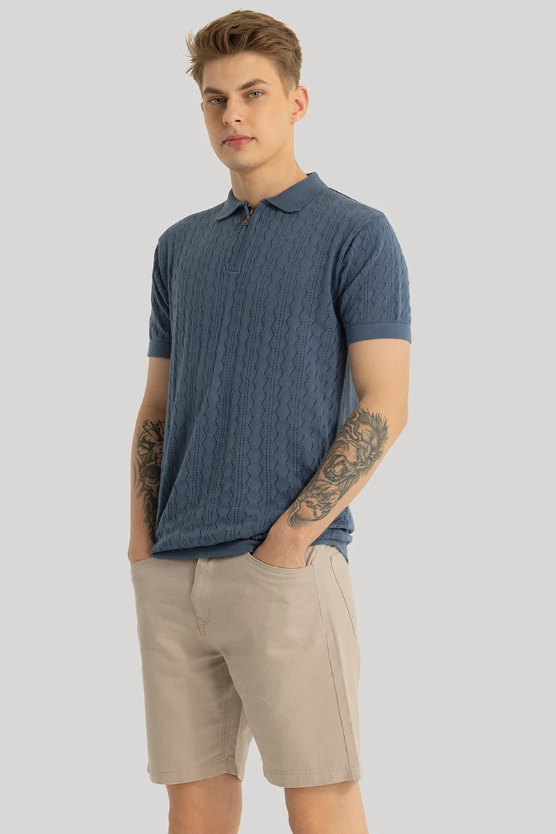 Ascent Stone Blue Knitted Polo T-Shirt